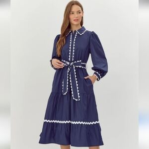 Jodifl NWT Navy Blue Belted Midi Dress with Ric Rac Trim M 💙